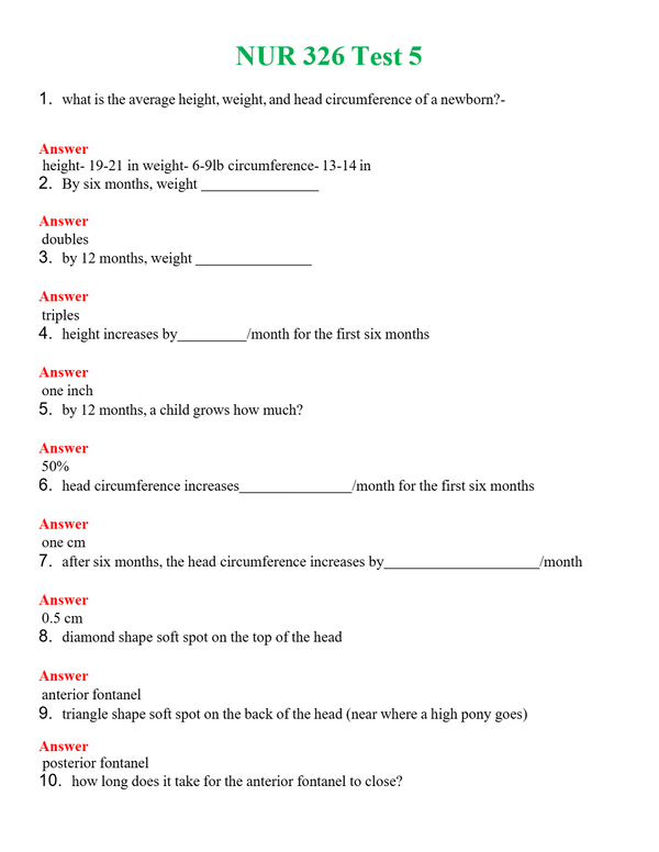 NUR 326 TEST 5 | (ACTUAL EXAM ) QUESTIONS AND ANSWERS (SOLVED)
