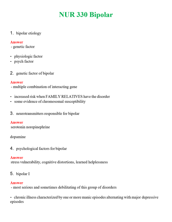 NUR 330 BIPOLAR | A+ RATED GUIDE | QUESTIONS AND ANSWERS (SOLVED)