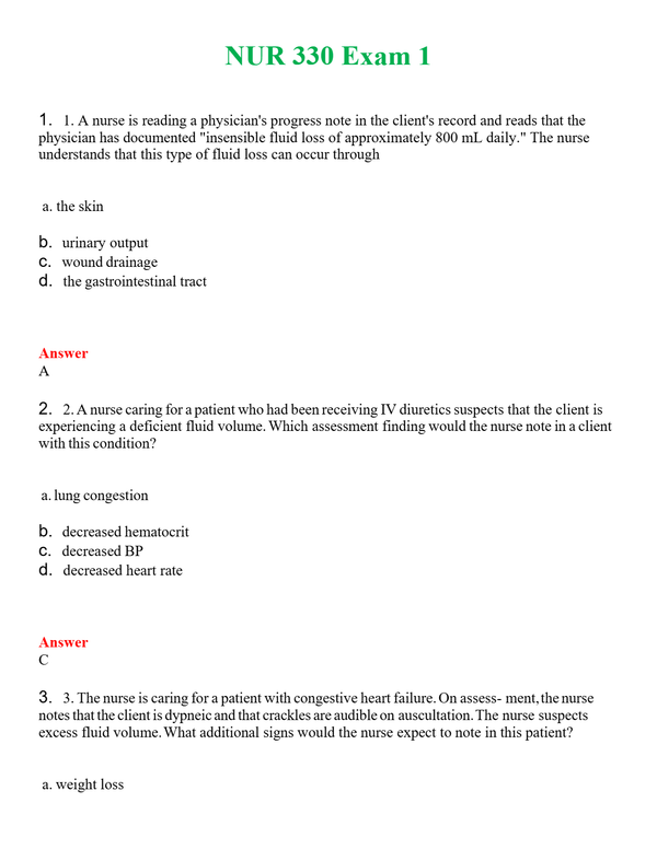 NUR 330 EXAM 1 | (ACTUAL EXAM ) QUESTIONS AND ANSWERS (SOLVED)