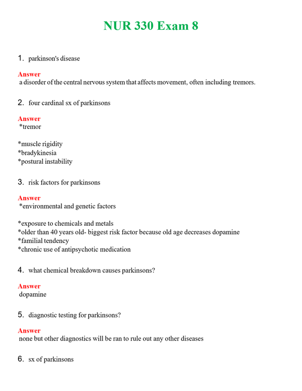 NUR 330 EXAM 8 | A+ RATED GUIDE | QUESTIONS AND ANSWERS (SOLVED)
