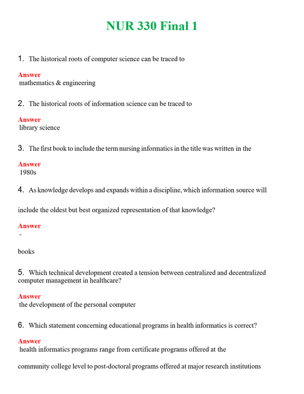 NUR 330 FINAL 1 | QUESTIONS & ANSWERS (SOLVED)