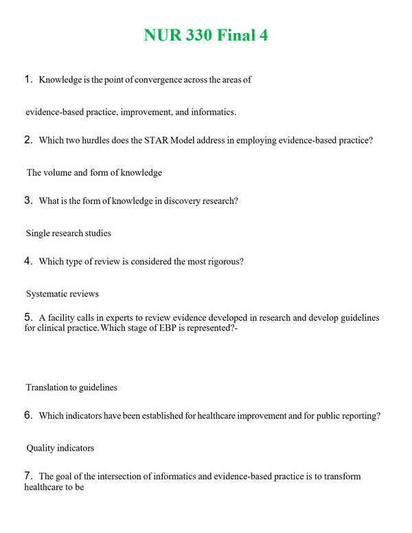 NUR 330 FINAL 4 | A+ RATED GUIDE | QUESTIONS AND ANSWERS (SOLVED)