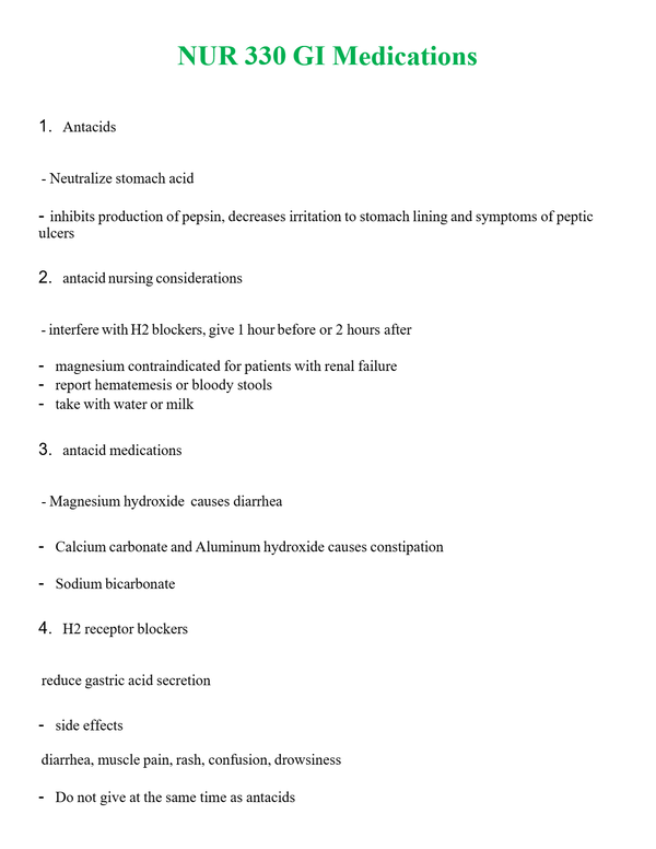 NUR 330 GI MEDICATIONS | A+ RATED GUIDE | QUESTIONS AND ANSWERS (SOLVED)