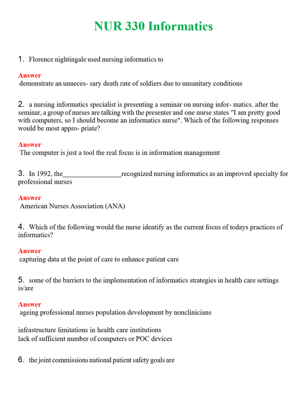 NUR 330 INFORMATICS | WITH 100% VERIFIED ANSWERS