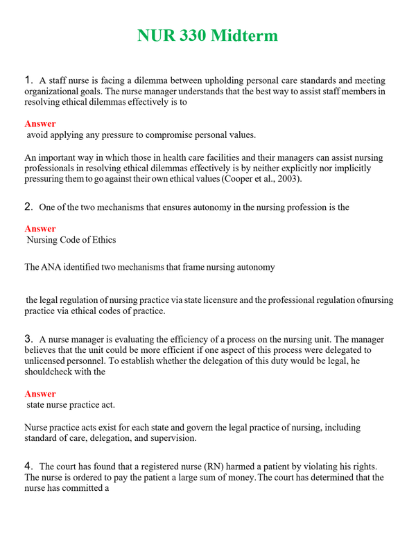 NUR 330 MIDTERM | QUESTIONS & ANSWERS (SOLVED)