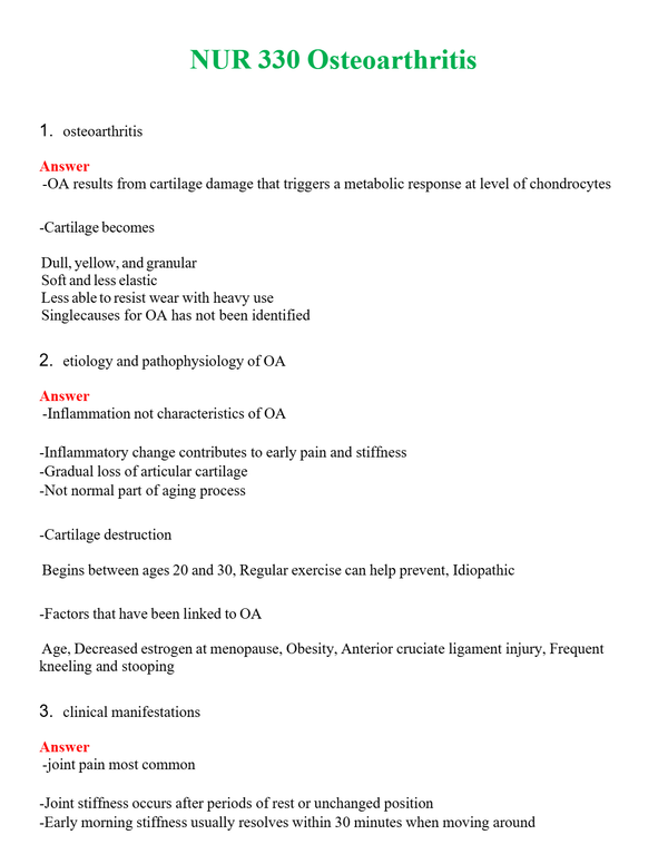 NUR 330 OSTEOARTHRITIS | QUESTIONS AND ANSWERS INCLUDED