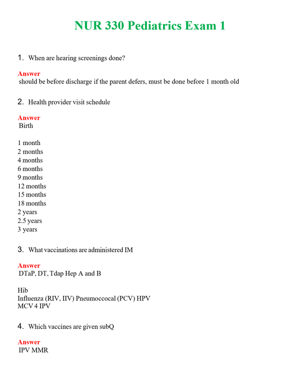 NUR 330 PEDIATRICS EXAM 1 | ALL Q&AS BRAND NEW GUARANTEED A+++