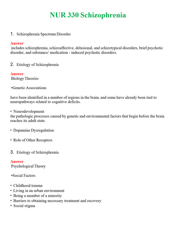 NUR 330 SCHIZOPHRENIA | COMPLETE ANSWERS 100% CORRECT
