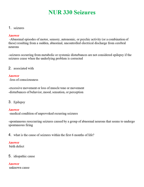 NUR 330 SEIZURES | GRADED A+ SOLVED 100% CORRECT