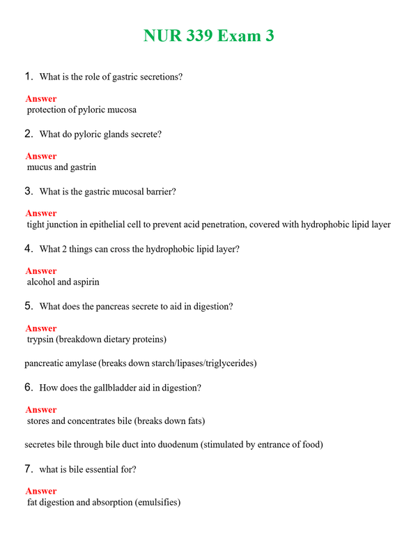 NUR 339 EXAM 3 | GRADED A+ QUESTIONS AND ANSWERS (SOLVED)