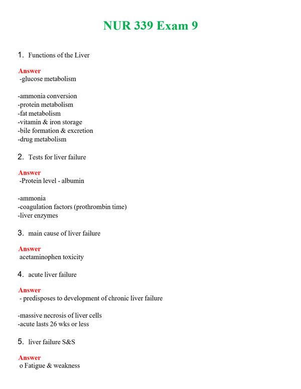 NUR 339 EXAM 9 | (ACTUAL EXAM ) QUESTIONS AND ANSWERS (SOLVED)