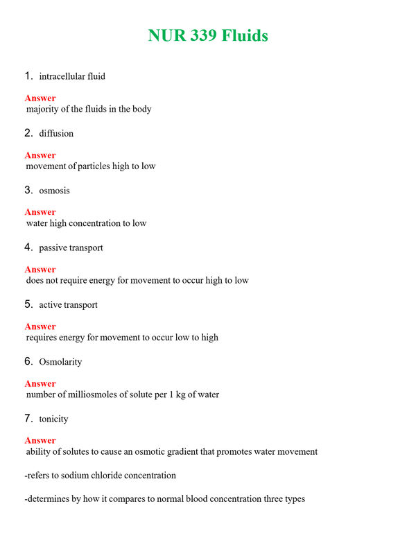 NUR 339 FLUIDS | QUESTIONS & ANSWERS (SOLVED)