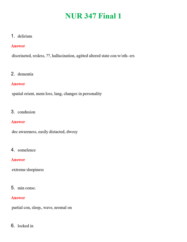 NUR 347 FINAL 1 | COMPLETE ANSWERS 100% CORRECT