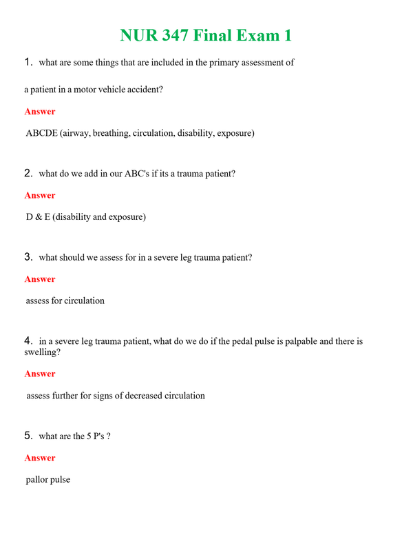 NUR 347 FINAL EXAM 1 | COMPLETE QUESTIONS & ANSWERS (SOLVED) 100% CORRECT