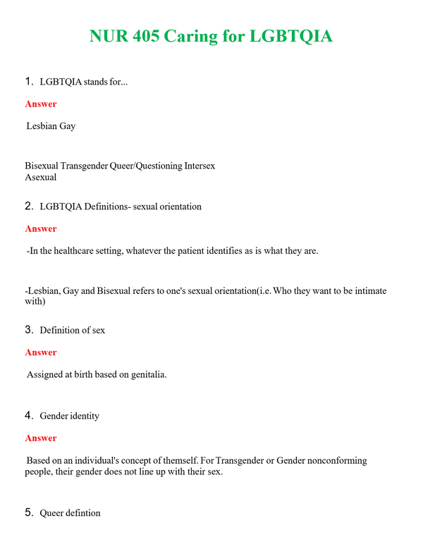 NUR 405 CARING FOR LGBTQIA | COMPLETE ANSWERS 100% CORRECT