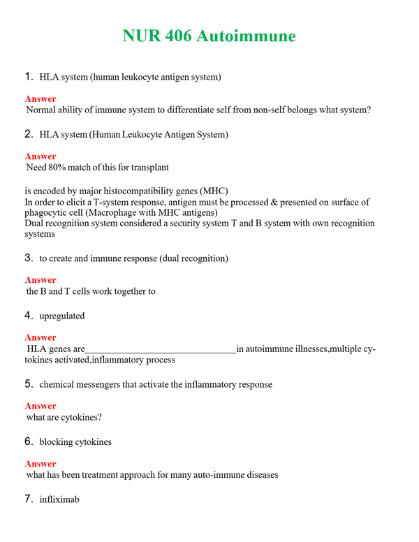NUR 406 AUTOIMMUNE | A SOLVED 100% CORRECT