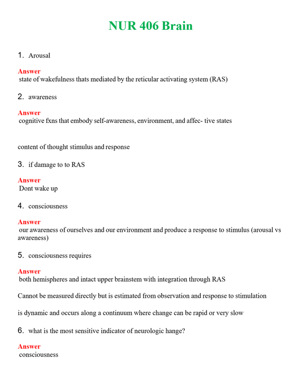 NUR 406 BRAIN | NEW FULL QUESTIONS AND ANSWERS 100% CORRECT