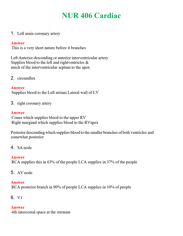 NUR 406 CARDIAC | ACTUAL QUESTIONS AND ANSWERS 100% CORRECT