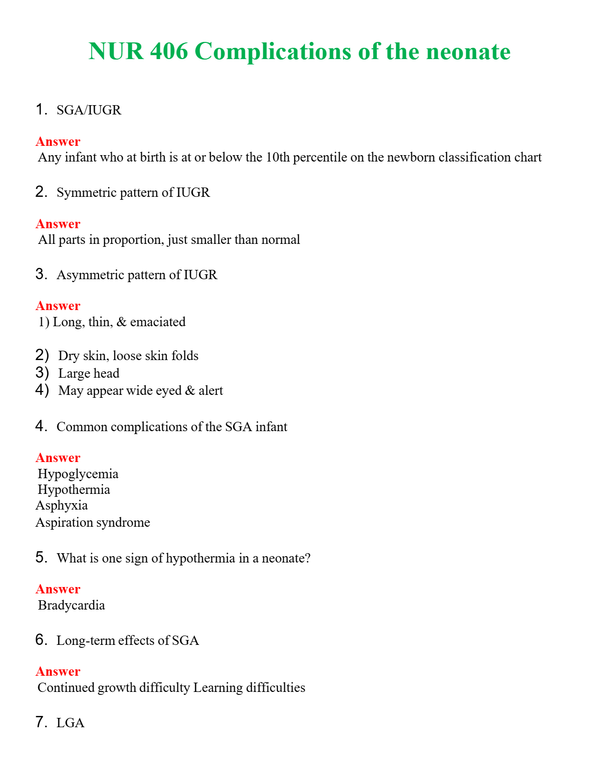 NUR 406 COMPLICATIONS OF THE NEONATE | GRADED A+ QUESTIONS & ANSWERS