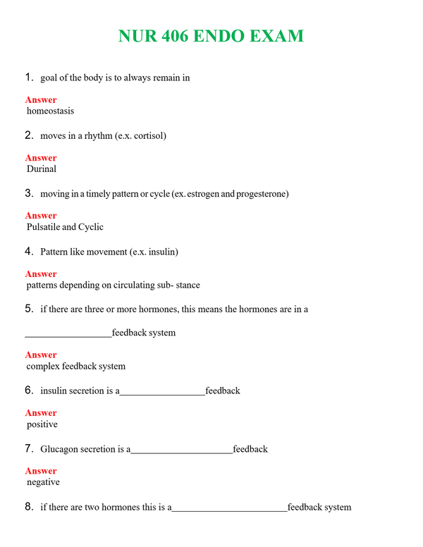 NUR 406 ENDO EXAM | QUESTIONS AND ANSWERS INCLUDED