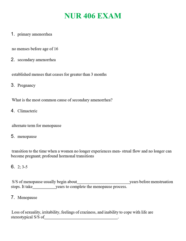 NUR 406 EXAM | NEW FULL QUESTIONS AND ANSWERS 100% CORRECT