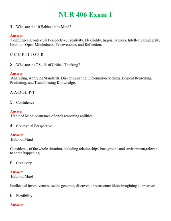 NUR 406 EXAM 1 | COMPLETE ANSWERS 100% CORRECT
