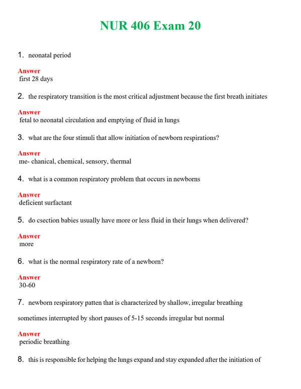 NUR 406 EXAM 20 | QUESTIONS & ANSWERS (SOLVED)