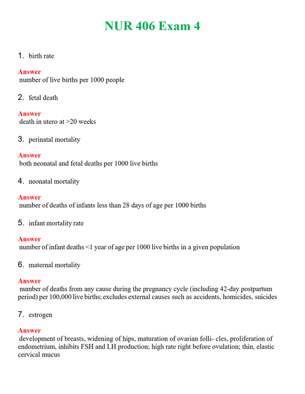 NUR 406 EXAM 4 | QUESTIONS AND ANSWERS INCLUDED