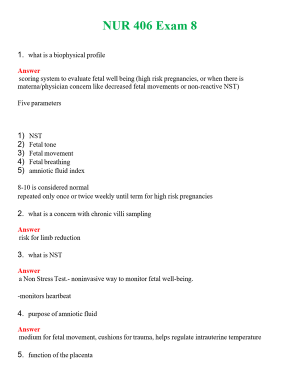 NUR 406 EXAM 8 | ACTUAL QUESTIONS AND ANSWERS 100% CORRECT