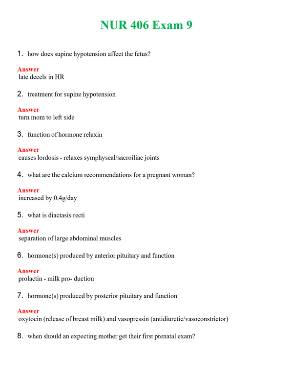 NUR 406 EXAM 9 | COMPLETE ANSWERS 100% CORRECT
