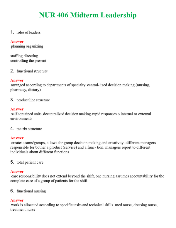 NUR 406 MIDTERM LEADERSHIP | PASSED | A+ RATED GUIDE | NEW FULL EXAM