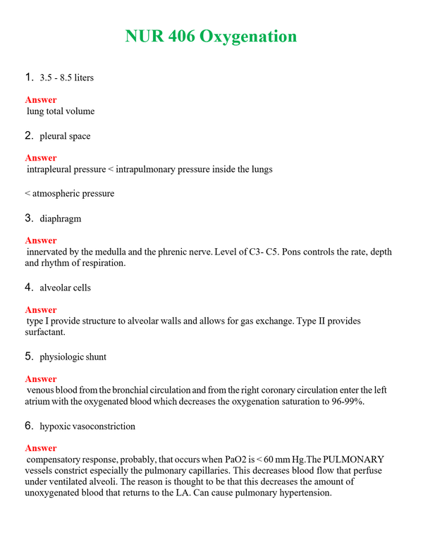 NUR 406 OXYGENATION | GRADED A+ QUESTIONS AND ANSWERS (SOLVED)