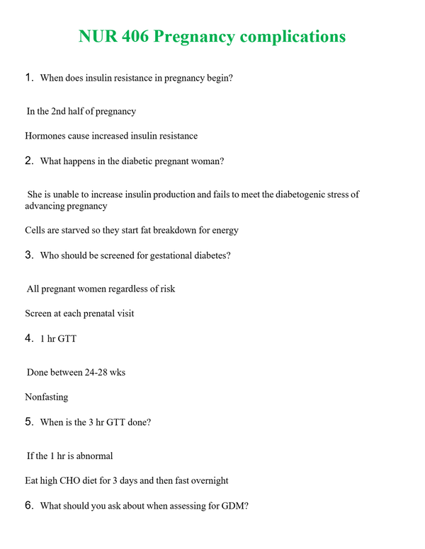 NUR 406 PREGNANCY COMPLICATIONS | COMPLETE ANSWERS 100% CORRECT