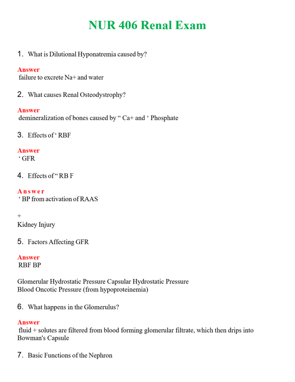 NUR 406 RENAL EXAM | ACTUAL QUESTIONS AND ANSWERS 100% CORRECT