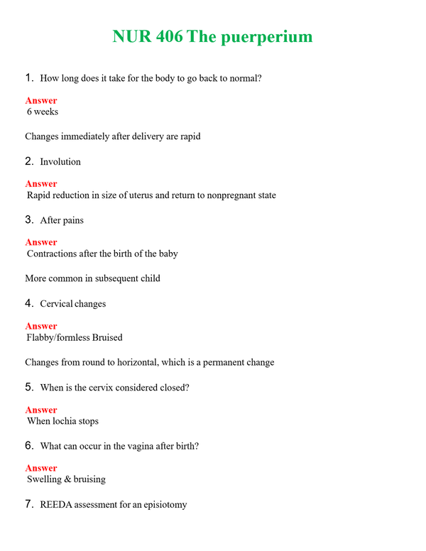 NUR 406 THE PUERPERIUM | COMPLETE QUESTIONS & ANSWERS (SOLVED) 100% CORRECT