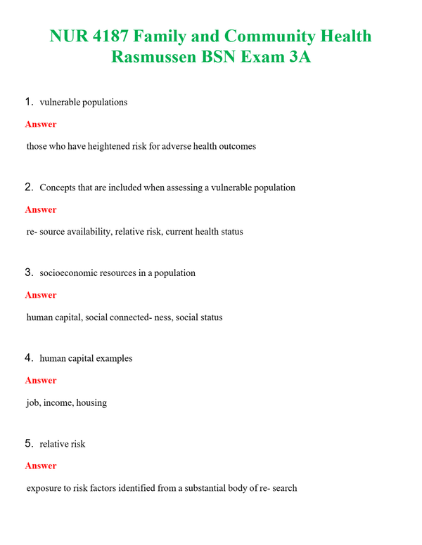 NUR 4187 FAMILY AND COMMUNITY HEALTH RASMUSSEN BSN EXAM 3A | COMPLETE ANSWERS 100% CORRECT