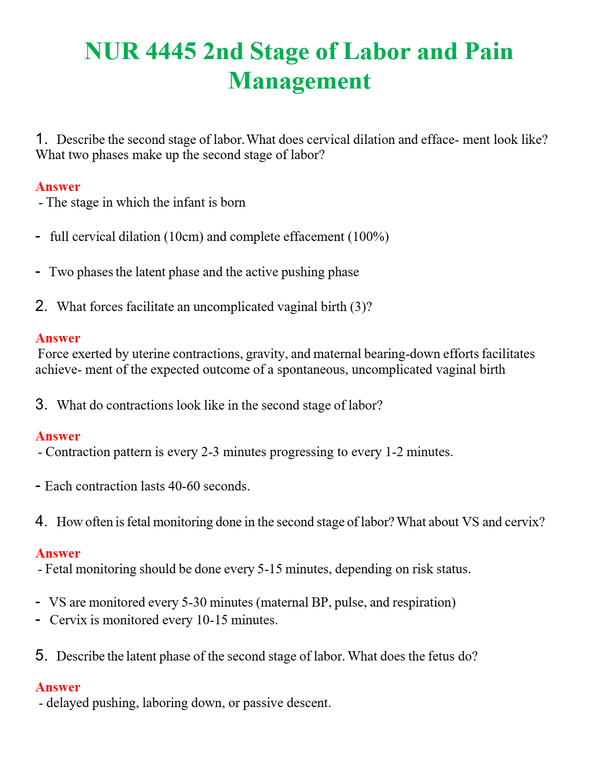 NUR 4445 2ND STAGE OF LABOR AND PAIN MANAGEMENT | COMPLETE QUESTIONS & ANSWERS (SOLVED) 100% CORRECT