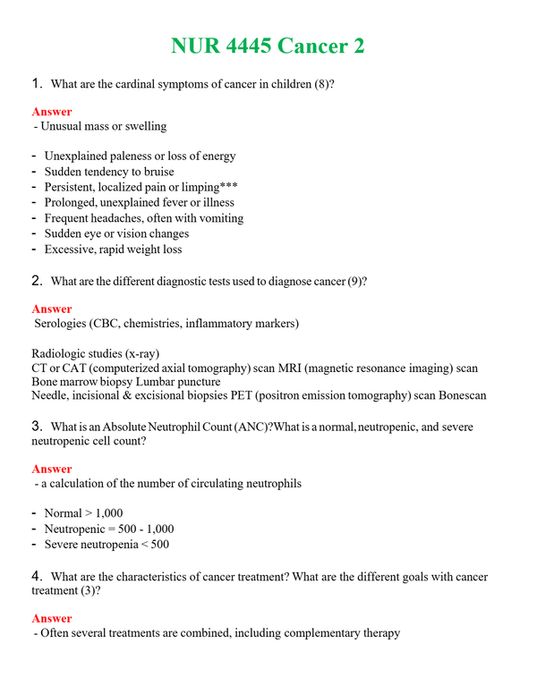 NUR 4445 CANCER 2 | QUESTIONS AND ANSWERS INCLUDED