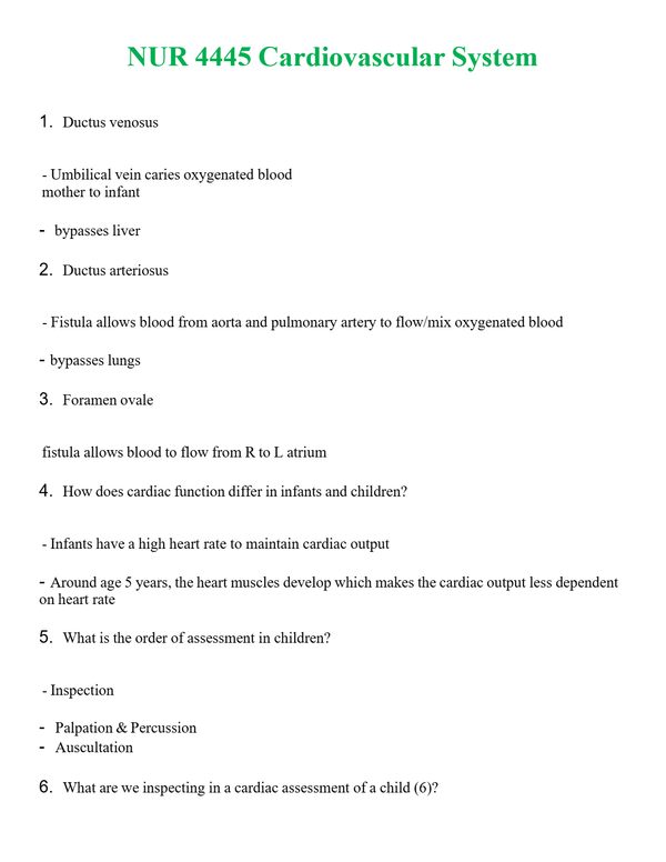 NUR 4445 CARDIOVASCULAR SYSTEM | COMPLETE ANSWERS 100% CORRECT