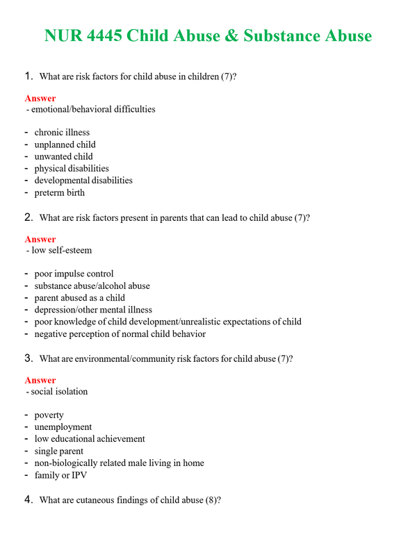 NUR 4445 CHILD ABUSE & SUBSTANCE ABUSE | NEW FULL QUESTIONS AND ANSWERS 100% CORRECT