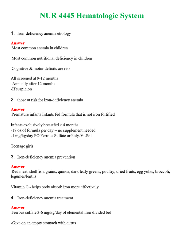NUR 4445 HEMATOLOGIC SYSTEM | QUESTIONS & ANSWERS (SOLVED)