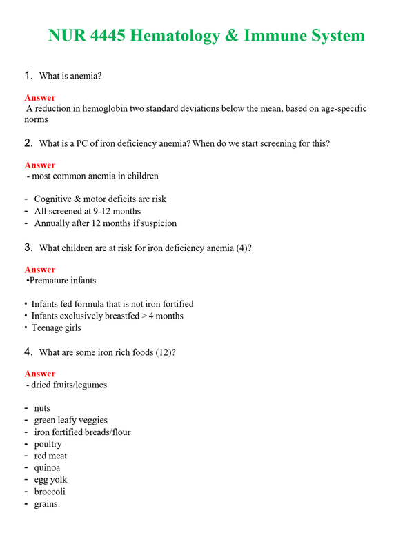 NUR 4445 HEMATOLOGY & IMMUNE SYSTEM | (ACTUAL EXAM ) QUESTIONS AND ANSWERS (SOLVED)