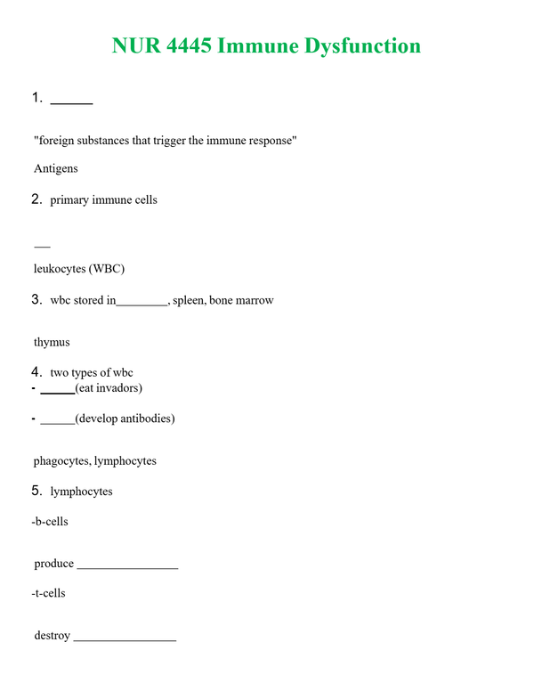 NUR 4445 IMMUNE DYSFUNCTION | LATEST QUESTIONS WITH COMPLETE GRADE A++ ANSWERS