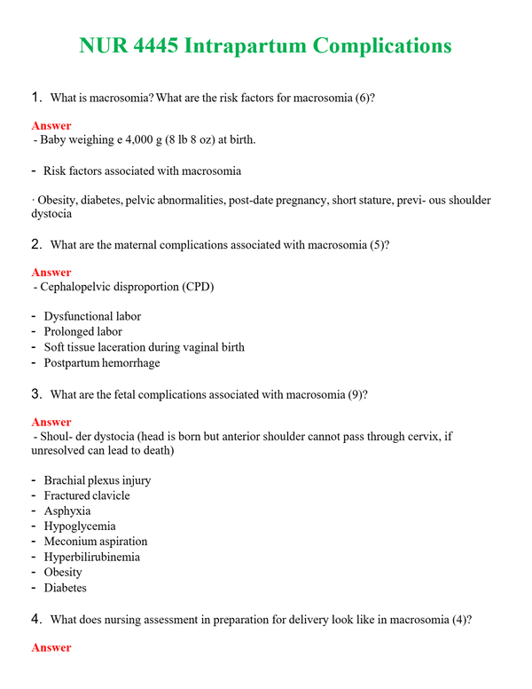 NUR 4445 INTRAPARTUM COMPLICATIONS | A SOLVED 100% CORRECT