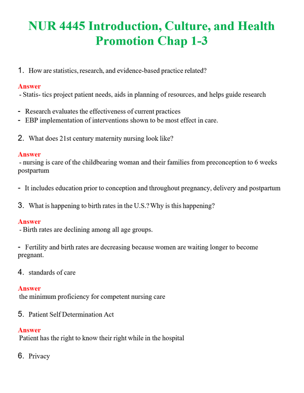 NUR 4445 INTRODUCTION, CULTURE, AND HEALTH PROMOTION CHAP 1-3 | PASSED | A+ RATED GUIDE | NEW FULL EXAM