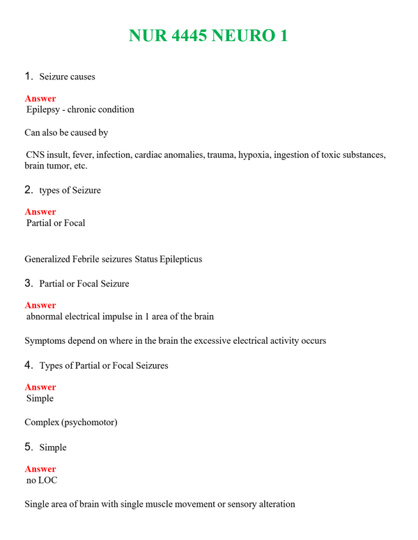 NUR 4445 NEURO 1 | COMPLETE ANSWERS 100% CORRECT