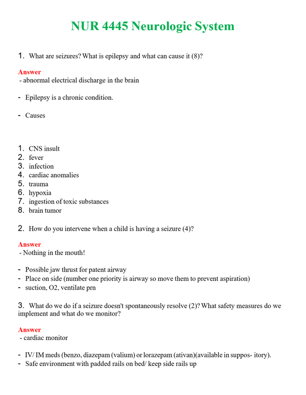 NUR 4445 NEUROLOGIC SYSTEM | QUESTIONS AND ANSWERS INCLUDED