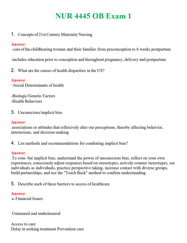 NUR 4445 OB EXAM 1 | ACTUAL QUESTIONS AND ANSWERS 100% CORRECT