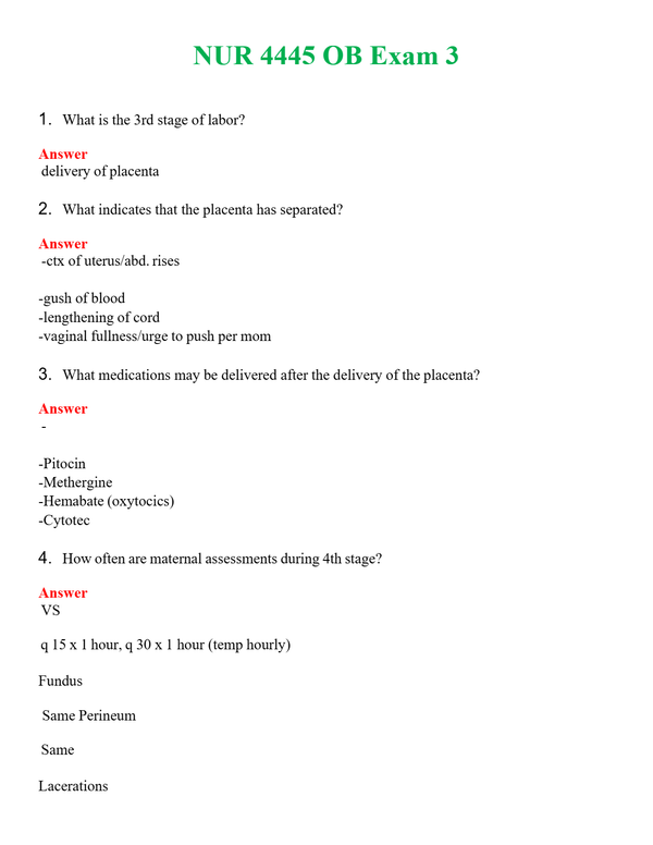 NUR 4445 OB EXAM 3 | COMPLETE ANSWERS 100% CORRECT