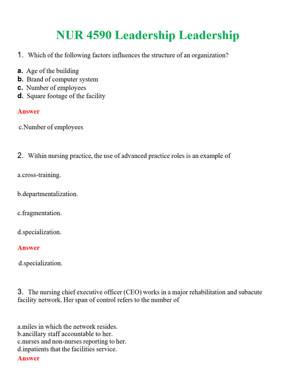NUR 4590 LEADERSHIP EXAM 2 | PASSED | A+ RATED GUIDE | NEW FULL EXAM